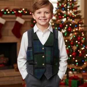 BNS Brite N Sassy Leargi Boys Plaid Patchwork Vest Green Blue S 7-8 Vintage 80s